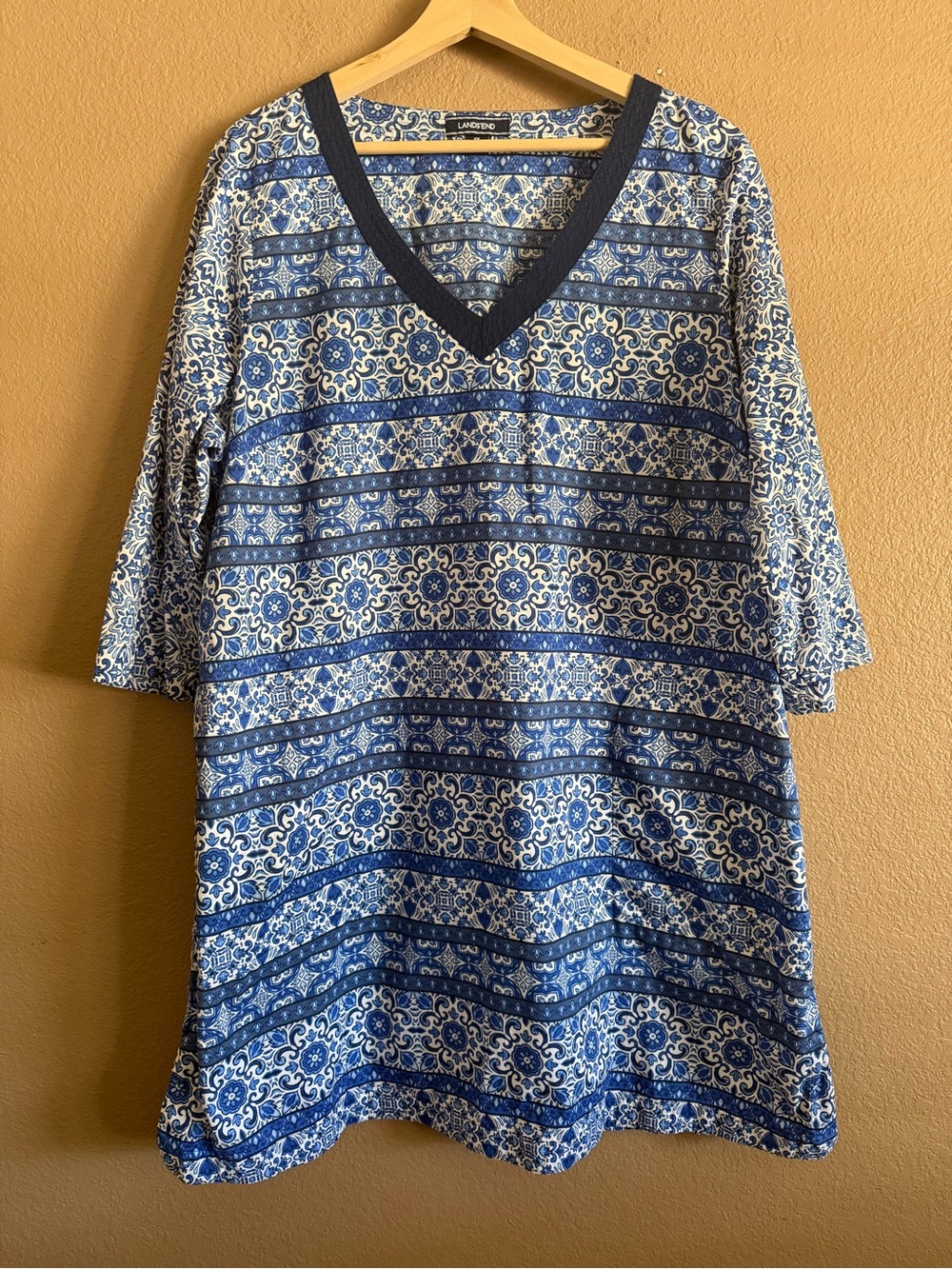 Lands' End Blue and White Printed V-Neck Midi Tunic Dress Size 1X
